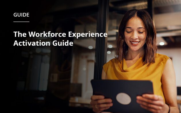 Woman in a yellow top smiling while looking at a tablet. Text overlay says "Guide, The Workforce Experience Activation Guide"