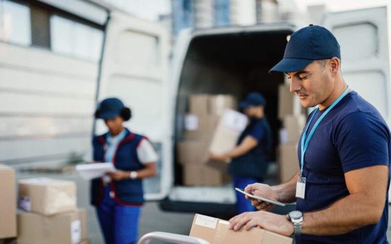 Two delivery workers unload packages from a van. One uses a tablet while the other carries a box.