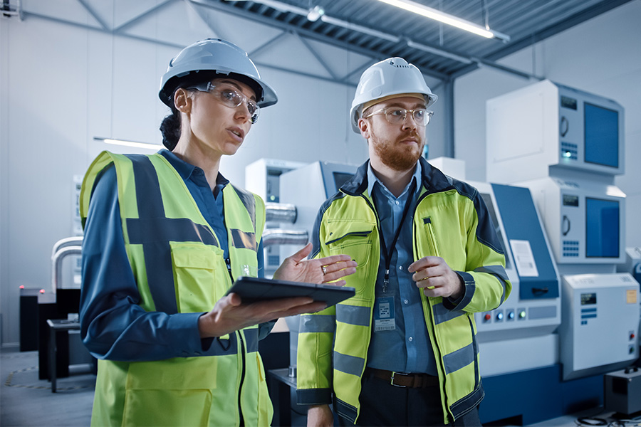 Two engineers in safety gear and helmets discuss while holding a tablet in a factory setting. Machinery and equipment are visible in the background.