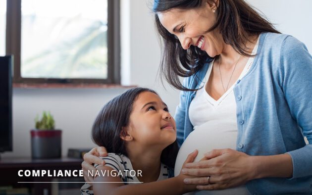 Child and pregnant mother looking into each others eyes, smiling, holding mothers baby. Text overlay reads Compliance Navigator