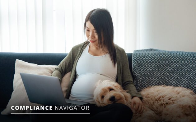 A pregnant woman sitting on a couch with a dog and a laptop