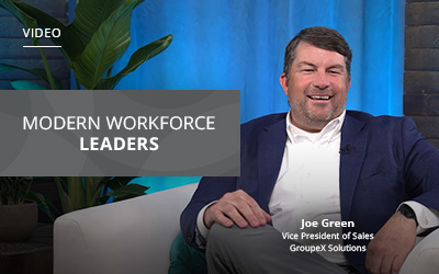 A man in a suit smiles while sitting at a set. Text reads, "Modern Workforce Leaders." The name Joe Green and his title, Vice President of Sales at GroupEX Solutions, are shown.