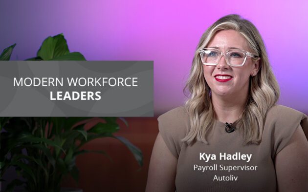Person wearing glasses sits in front of a plant and a gradient background. Text reads "Modern Workforce Leaders" and "Kya Hadley, Payroll Supervisor, Autoliv".