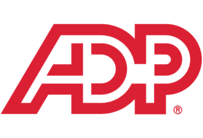 The image shows the logo of ADP, a company providing human resources management software and services. The logo consists of the letters ADP in a bold, stylized font.