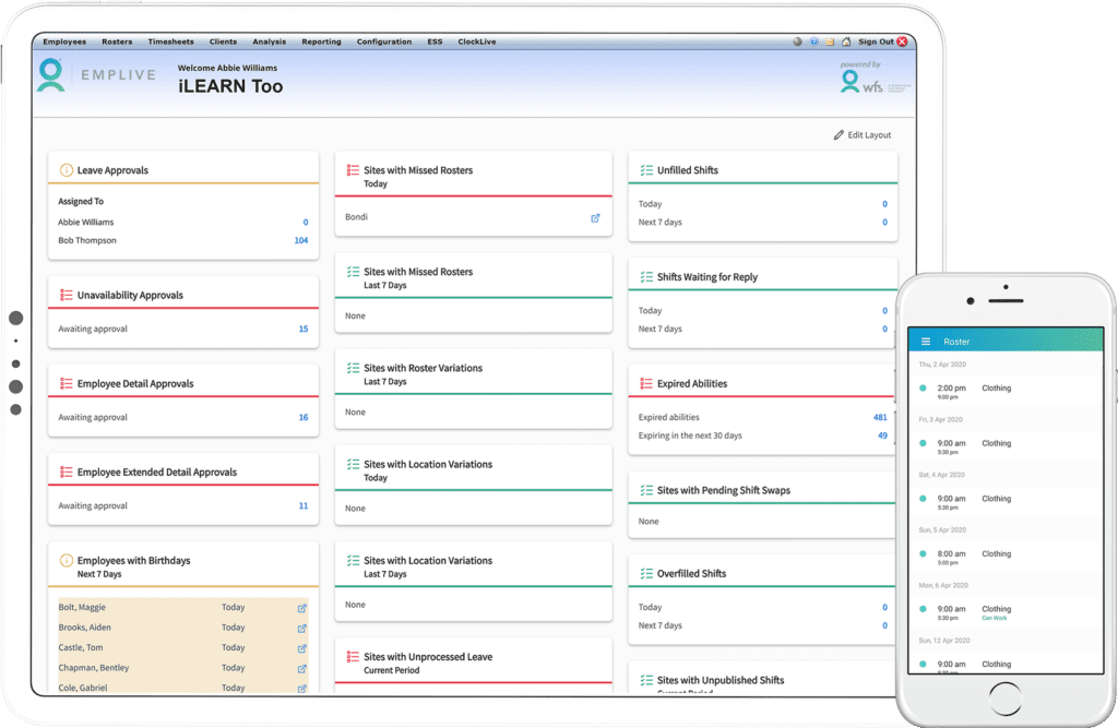 A computer and smartphone display a scheduling and approval dashboard with sections for leave approvals, shifts, birthdays, and alerts.
