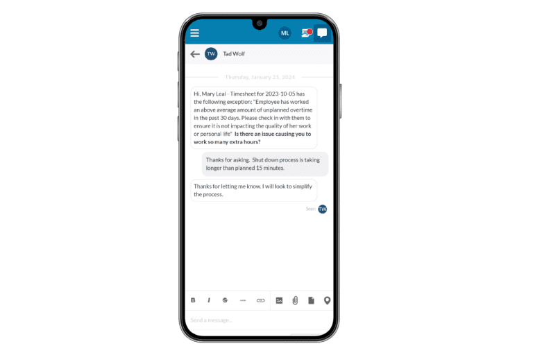 Smartphone displaying a messaging app with a conversation about timesheet errors and process delays.
