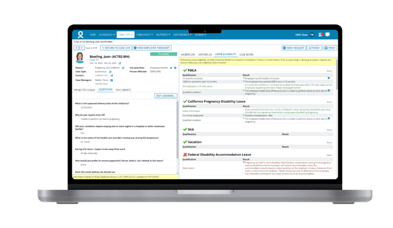 Laptop displaying a complex healthcare application interface with various tabs, alerts, and detailed information on screen, including disability leave policies and patient questions.
