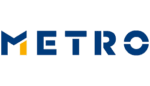 Logo with the word "METRO" in blue, featuring a stylized yellow letter "M.