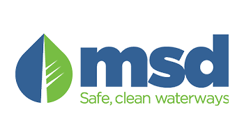 Logo of MSD with a green leaf icon and the text "msd" in blue, followed by "Safe, clean waterways" in green beneath it.