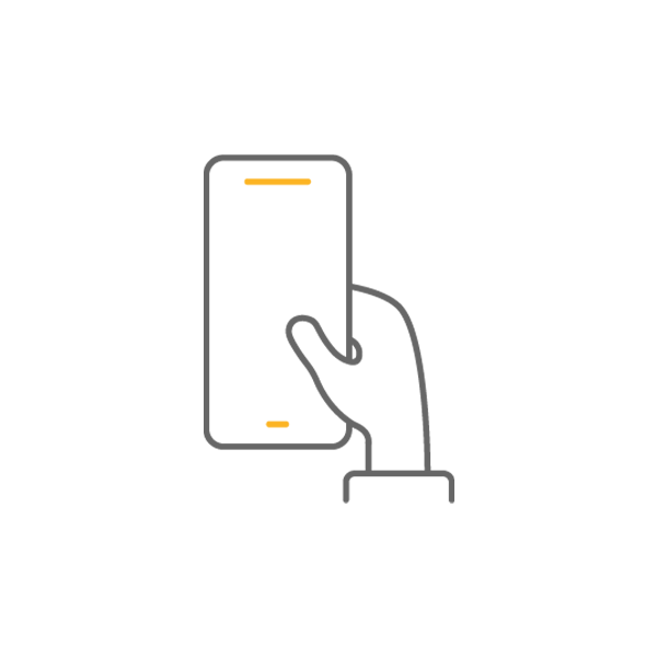 Outline drawing of a hand holding a smartphone vertically, with two yellow rectangles indicating the screen and a button.