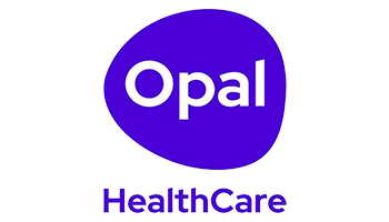 Opal HealthCare logo with the word "Opal" in white on a blue, irregular oval shape, and "HealthCare" written below in blue text on a white background.