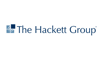 Logo of The Hackett Group featuring a stylized blue square with a hand, followed by the company's name in blue text.