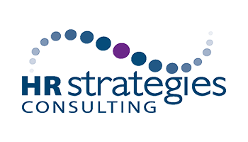 Logo of HR Strategies Consulting with a curved line of blue and purple dots above the text.