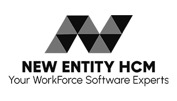 Logo of New Entity HCM with the slogan "Your WorkForce Software Experts," featuring geometric triangle designs.