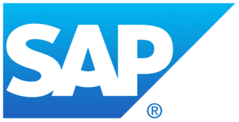 Logo of SAP with white letters on a blue background.