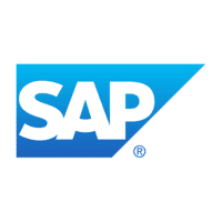 Logo of SAP with white letters on a blue background.