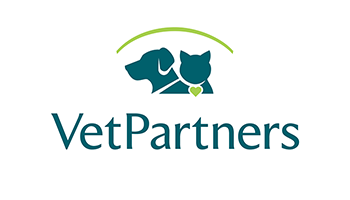 Logo of VetPartners with silhouettes of a dog and a cat under a green arch.