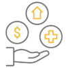 An open hand with icons of a dollar sign, house, and cross above, symbolizing financial, housing, and health sectors.