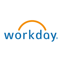 Logo of Workday with blue text and an orange arc above.